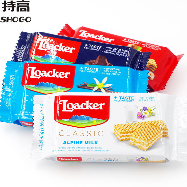 อิตาลี Loacker Loacker Loacker บิสกิตเวเฟอร์ 45g นมเฮเซลนัทรสช็อกโกแลตของขบเคี้ยวของที่ระลึกงานแต่งง