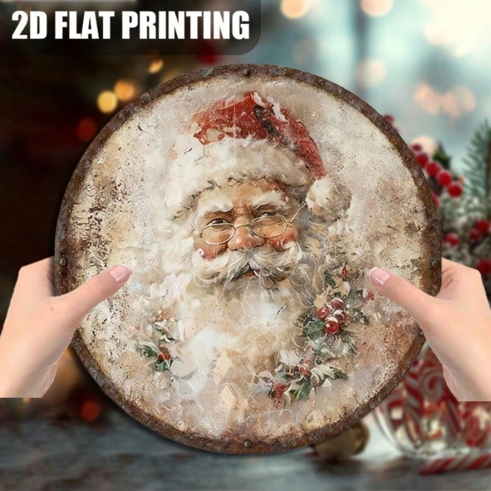 2DBrand ชนบทคริสต์มาสป้ายไม้ 20 ซม.-Vintage Santa Face พร้อมแว่นตา Holly Berries, บ้านไร่ประตู Porch