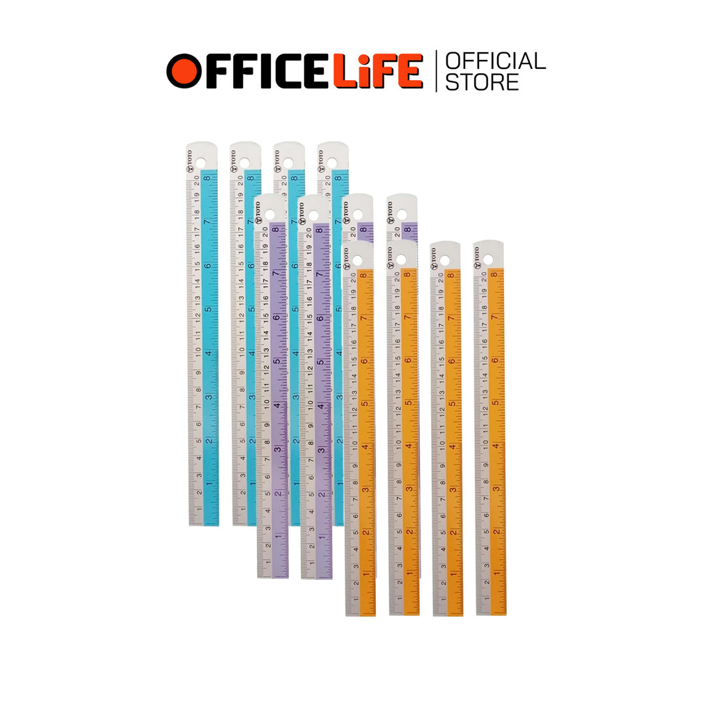 TOTO ไม้บรรทัด อลูมิเนียม คาดสี ขนาด 8 นิ้ว คละสี ( ยกกล่อง / 24 อัน )