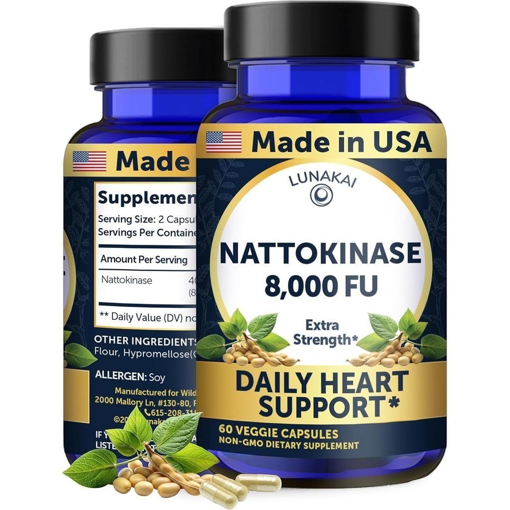 Lunakai USA Made Nattokinase อาหารเสริม – เอนไซม์นัตโตะ 400 มก. 8000 FU ต่อเสิร์ฟ – รองรับหัวใจและกา