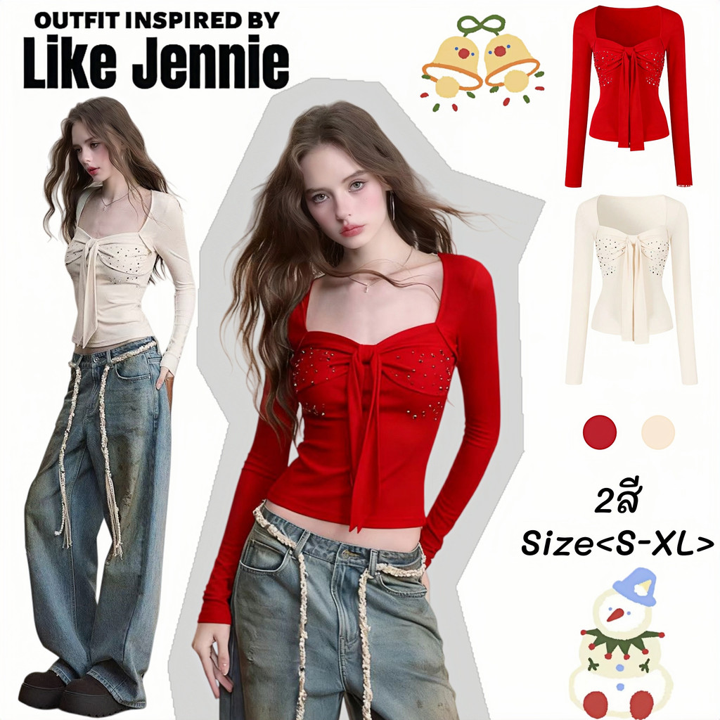 Jennie🎄พร้อมส่ง🥨 เสื้อครอปทรงเข้ารูปดูแพงเซ็กซี่แฟชั่นชุดไปเที่ยวเสื้อยืดแขนยาวผู้หญิงสีแดง แต่งเพชรดีไซน์เซือกผูกโปว์