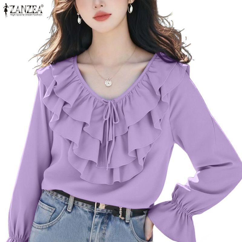 ZANZEA ผู้หญิงเกาหลีแฟชั่นลําลองคอวีแขนยาว Splicing Ruffles พร้อมผูกเสื้อหลวม