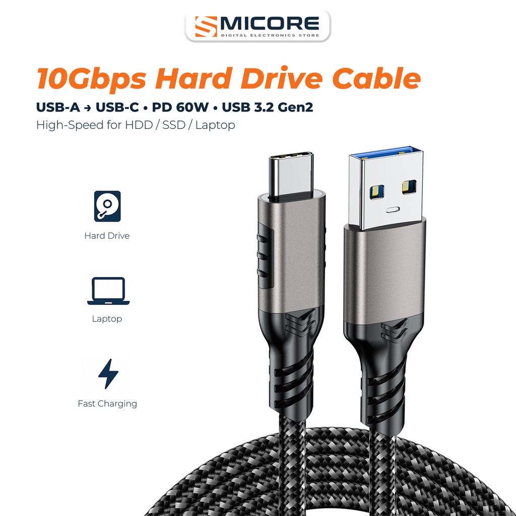 สายฮาร์ดดิสก์ USB 3.2 เป็น Type-C 10Gbps รองรับชาร์จ PD 60W สายถัก ทนทาน ใช้กับ HDD SSD โน้ตบุ๊ก มือถือ