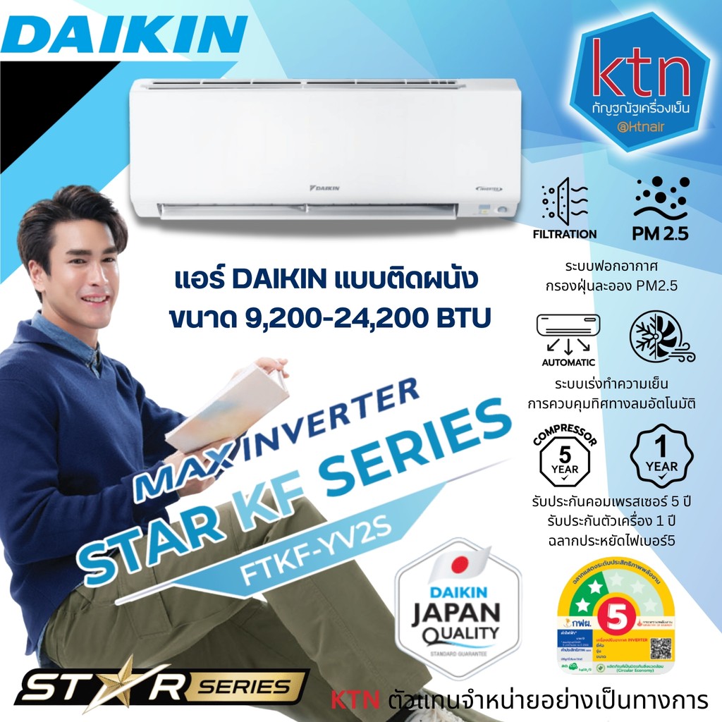 แอร์ DAIKIN รุ่น FTKF YV2S (KF SERIES) แบบติดผนัง ขนาด 9,200-24,200 BTU (INVERTER)