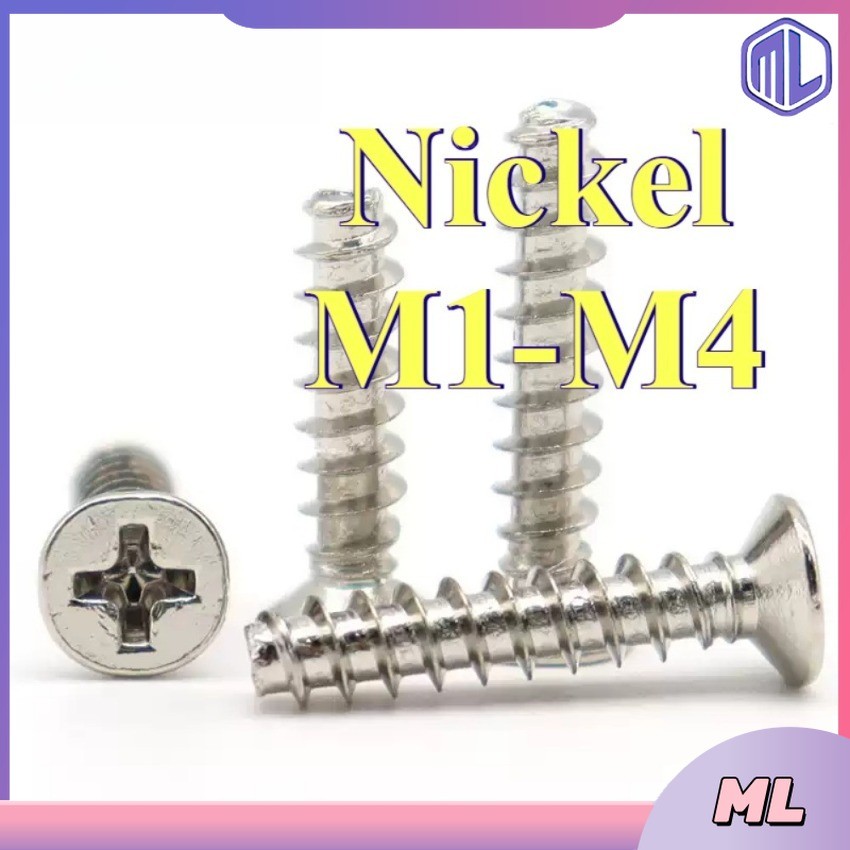 KB cross countersunk head สกรูเกลียวปล่อยหัวแบนชุบนิกเกิล M1/M1.2/M1.4/M1.7/M2/M2.3/M2.6/M3/M3.5/M4-