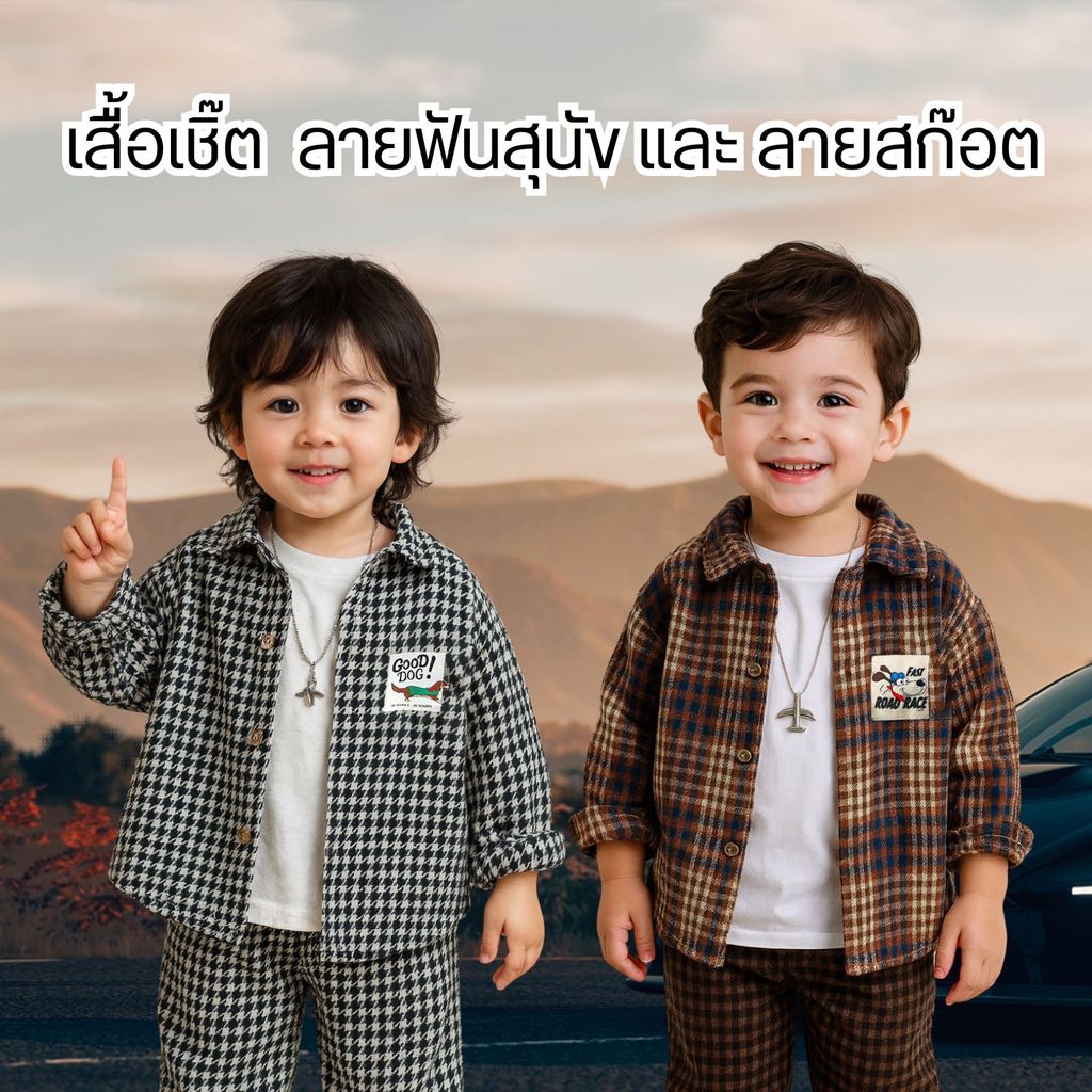 Dolemi Baby เสื้อเชิ๊ต ลายสก็อต น้ำตาล ขาวดำ  กระดุม แขนยาว ผ้าลายฟันสุนัข คอปก ผ้าหนา สำหรับเด็กชาย ดีไซน์คลาสสิก