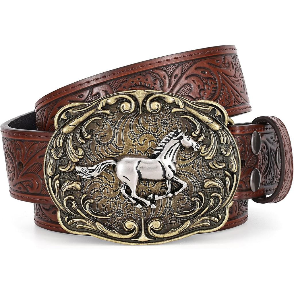 SANSTHS Cowboy Western Belts for Men Women Western Cowboy Buckle Belt Country Cowgirl Mens Leather B