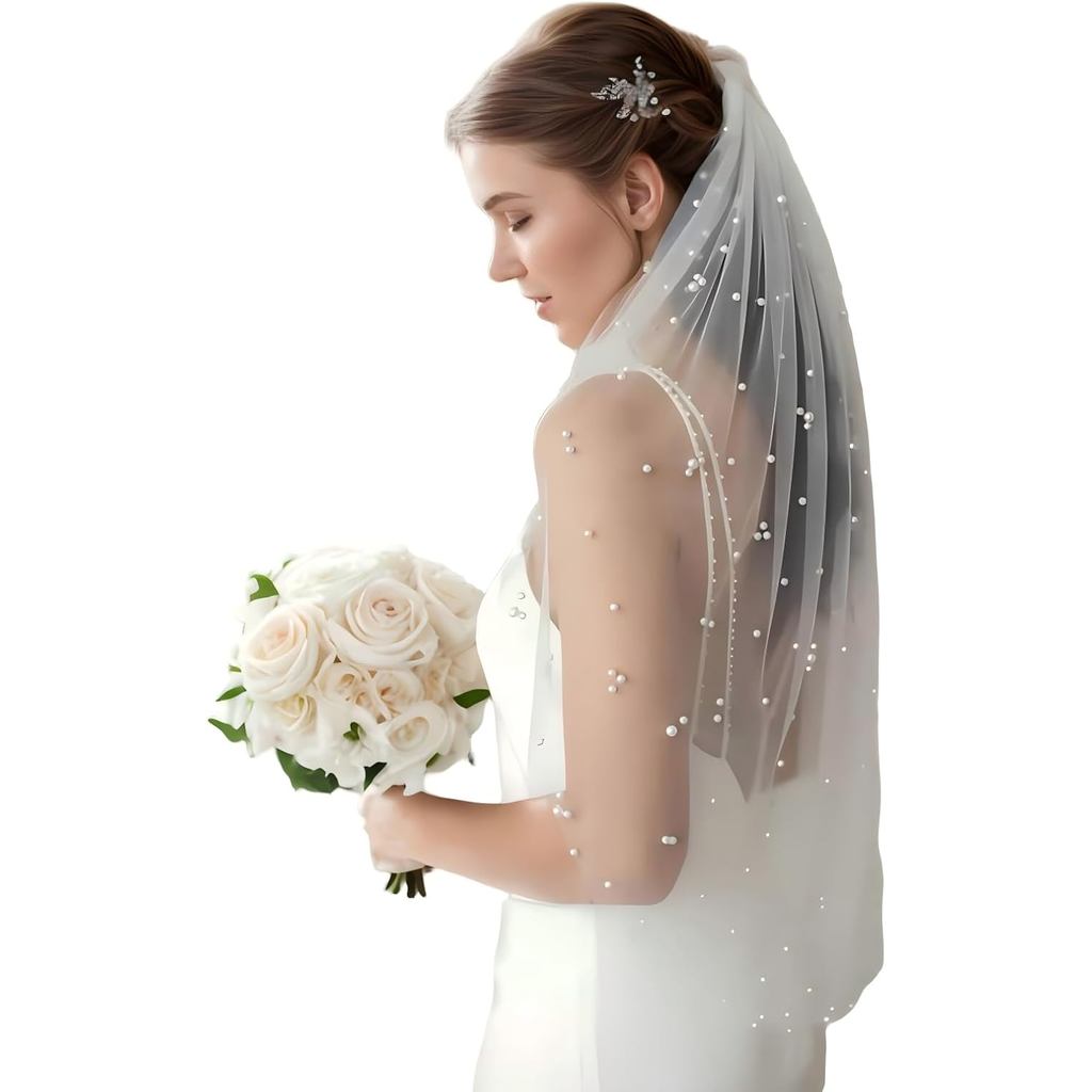Wedding Bridal Veil Pearl Wedding Veil for Bride White Ivory Bride Veil with Metal Comb for Women