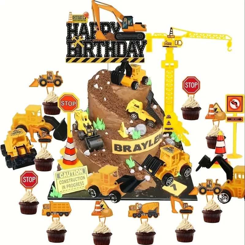 เค้กก่อสร้าง Toppers ยานพาหนะชุดตกแต่งเค้ก Excavator Tower Crane Cupcake Topper การจราจรและแผนที่ป้ายตกแต่งสุขสันต์วันเกิด Party Supplies โปรดปราน