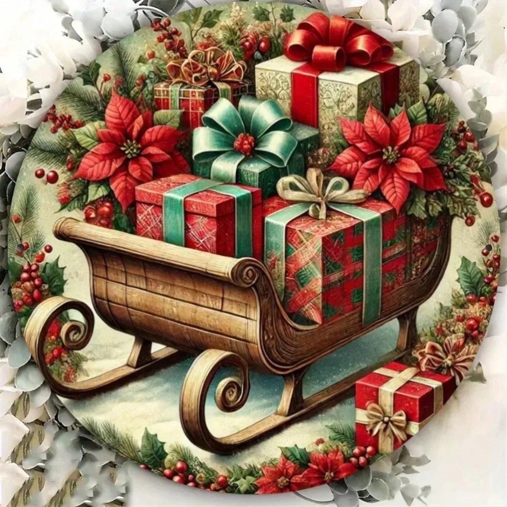 2DBrand คริสต์มาสของขวัญเลื่อนรถป้ายโลหะ-รอบแบนพิมพ์ดีบุก Wall Art สําหรับ Bar Cafe Club หัตถกรรมตกแ