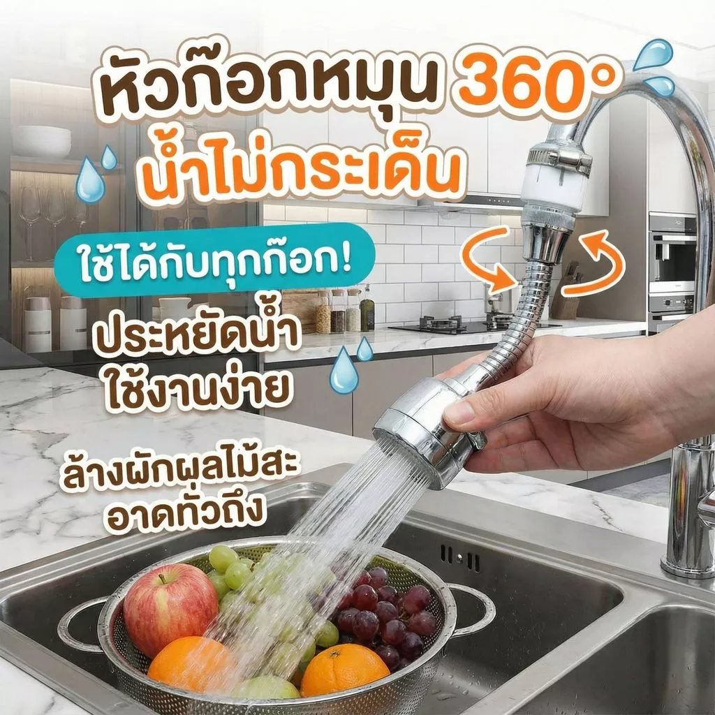 หัวก๊อกน้ำเพิ่มแรงดัน หมุน 360° ปรับ 2 โหมด ประหยัดน้ำ 30–70% ติดตั้งง่าย ใช้กับหัวก๊อกน้ำเกือบทุกรุ่น