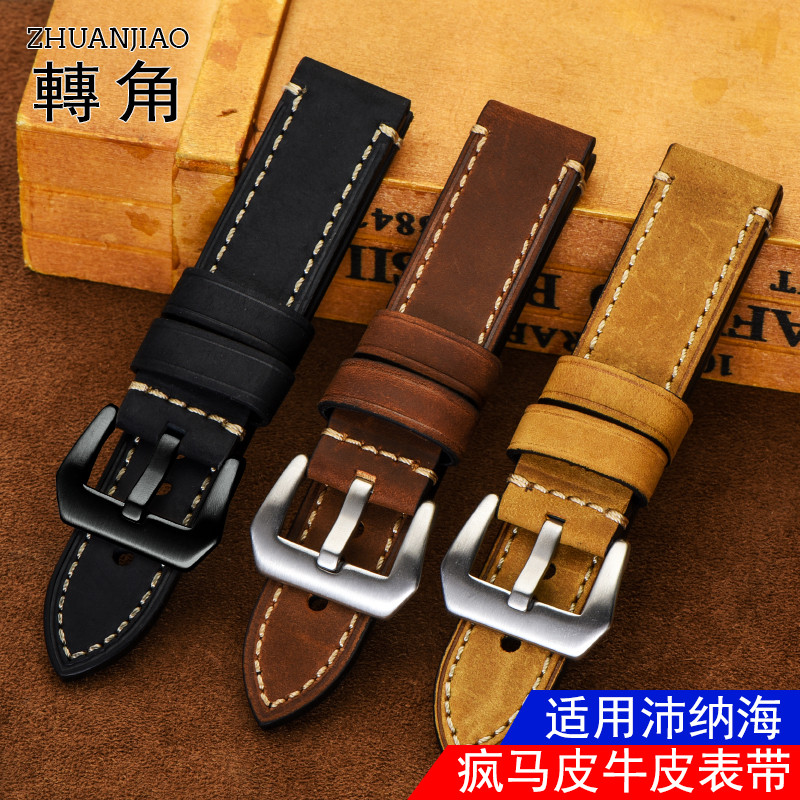 Crazy Horse Leather Cowhide Strap เหมาะสําหรับ Panerai PAM111 Fat Sea Hamilton Watch สายหนังแท้ผู้ชา