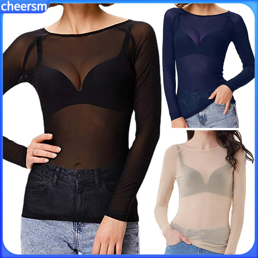 เสื้อแขนยาวตาข่ายสไตล์เชียร์สำหรับผู้หญิง ออกแบบโอ-คอดูเรียบร้อยในโทนดำ