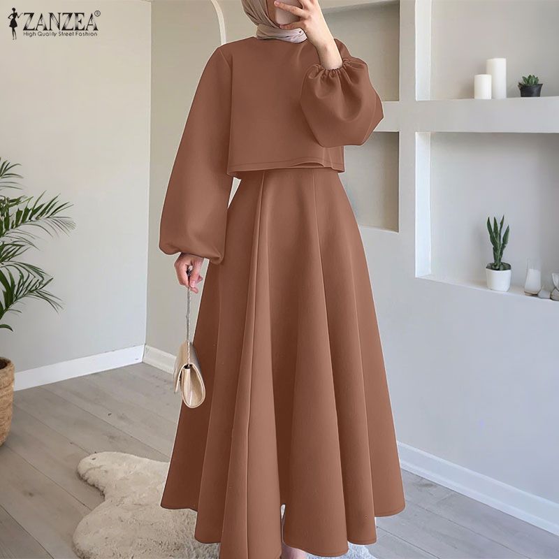 ZANZEA สตรีมุสลิมหรูหราลูกเรือคอโคมไฟแขนตัดเอวสูง A-Line ชุดสองชิ้น - รูปที่ 3