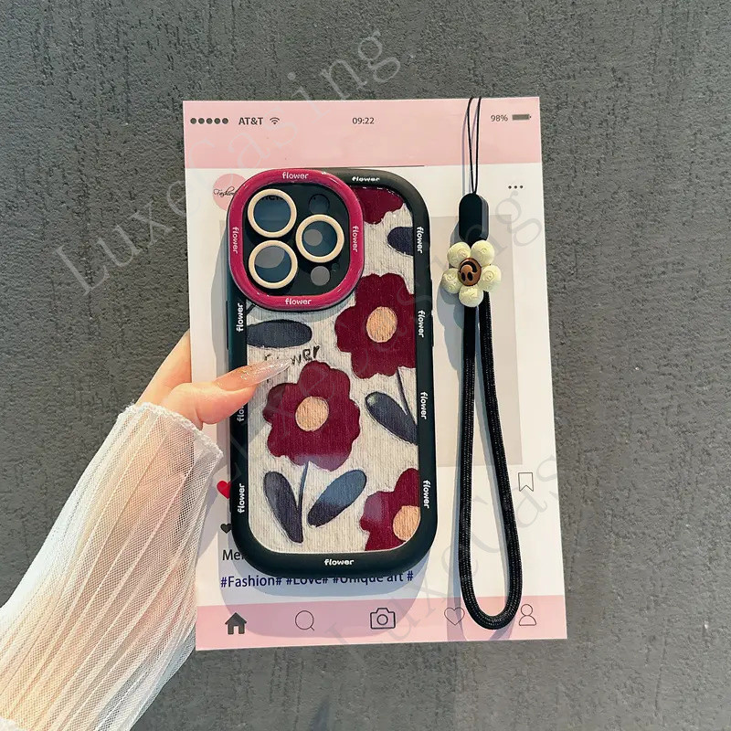 HP [ซิลิโคน] สําหรับ iPhone Case 11 12 13 14 15 16 PRO MAX X XS MAX XR 7 8 PLUS สีชมพูความงามดอกไม้เ