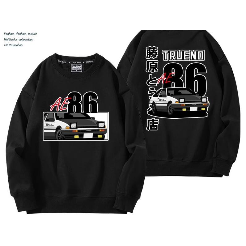 ผ้าฝ้ายแท้เริ่มต้น D Fujiwara Takumi AE86 Anime Round Neck Sweatshirt Men Loose All-Match