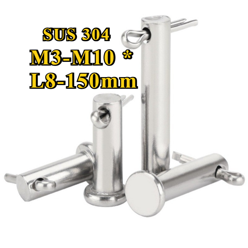 หมุดพิน ปิ๊น สลัก หัวกลมแบน สแตนเลส 304 แถมปิ้นเสียบ M3/M4/M5/M6/M8/M10 * L8-150 มม. / Clevis Pin w/
