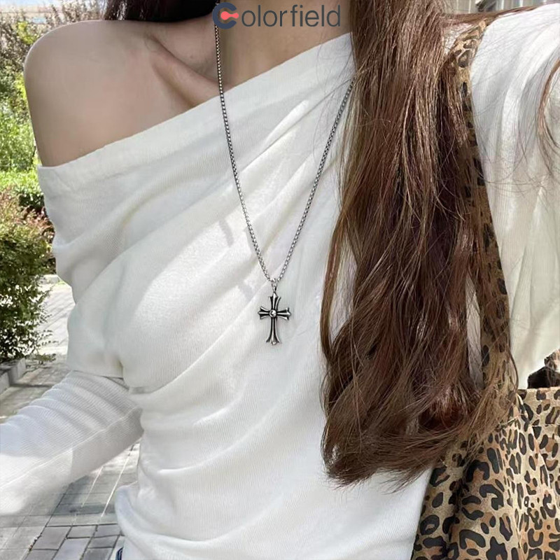 Colorfield สร้อยคอไม้กางเขนส่วนบุคคลแบบอเนกประสงค์ โซ่สเวตเตอร์แฟชั่น เรียบง่าย-COD