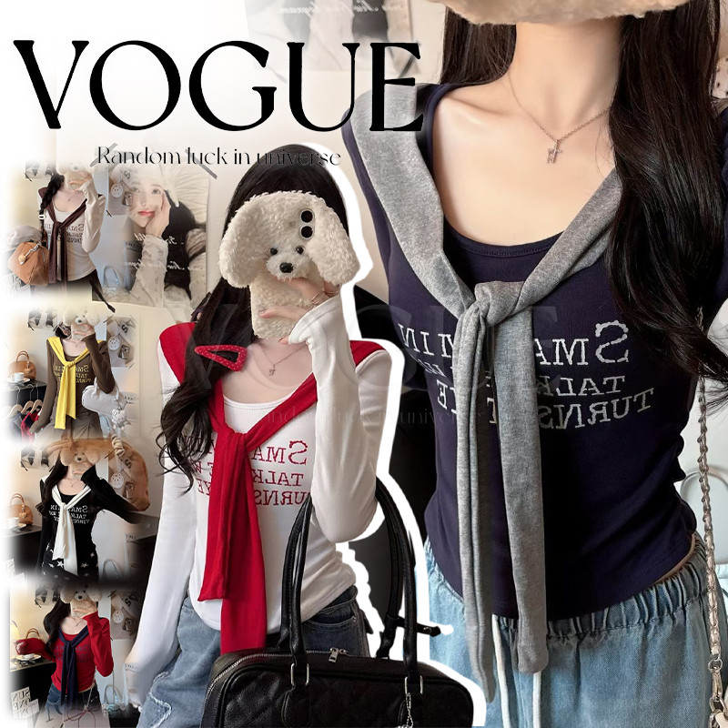 Vogue🌟พร้อมส่ง🌟 เสื้อแขนยาว คอกลม ดีเทลสกีนตัวอักษรสีสดใส เสริมฟองน้ำ (FY5177)