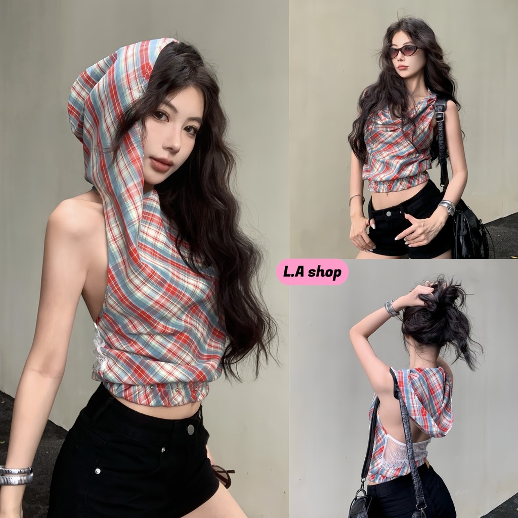 L.A Shop★เสื้อคุณภาพดี เสื้อแขนกุดมีฮูด ลายสก็อต ผ้าใส่สบาย แมทช์ง่าย สไตล์เกาหลี"FY5076"