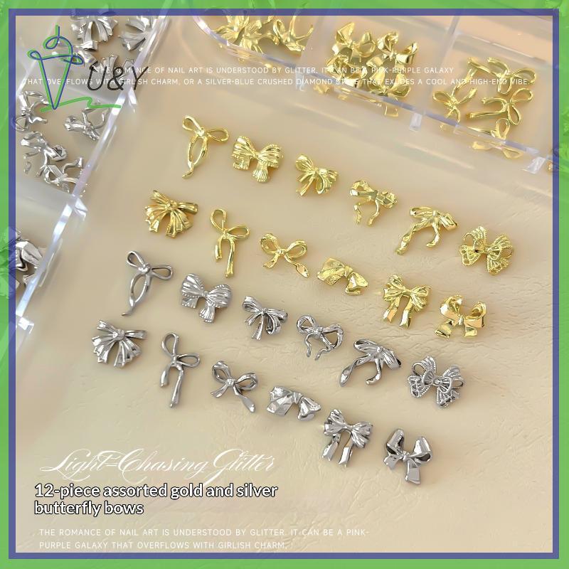 {U&Y} 12 Grid Gold Silver Bow Butterfly Nail Metal Charms Shiny Nail Diamond 3D Nail Jewelry Nail Ac
