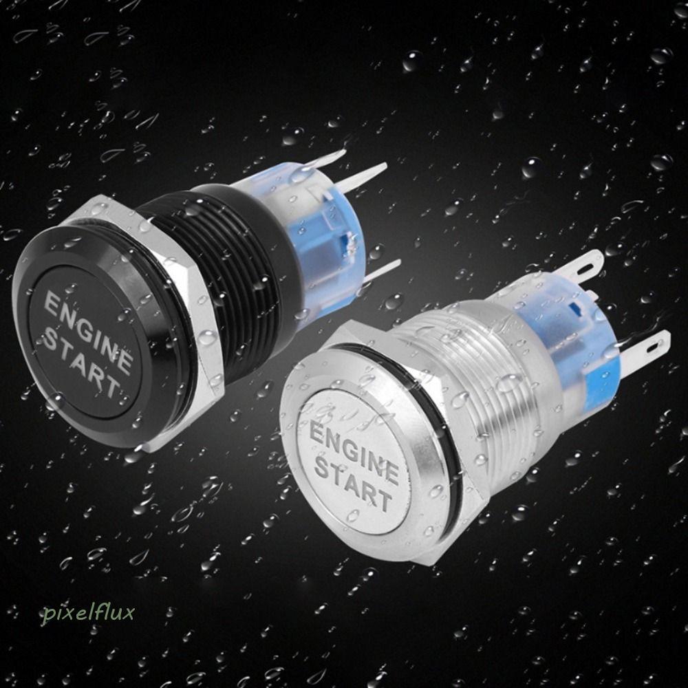 PIXELFLUX ปุ่มสตาร์ทเครื่องยนต์, 19 มม.สแตนเลสสวิตช์จุดระเบิด, สีดํา/เงินสังกะสี-แอมโมเนียมโลหะผสม 12V กันน้ํา Momentary Push ปุ่มเครื่องยนต์รถยนต์