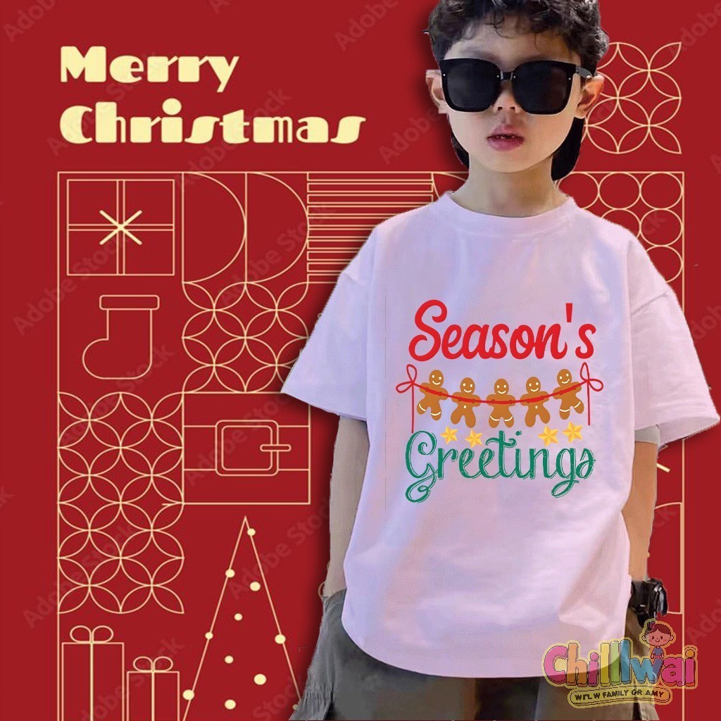 【HOT】เสื้อยืดคริสต์มาส เสื้อยืดแขนสั้นพิมพ์ลายขนมปังขิง เหมาะสำหรับเด็กชาย เด็กหญิง และเด็ก100%THAIS