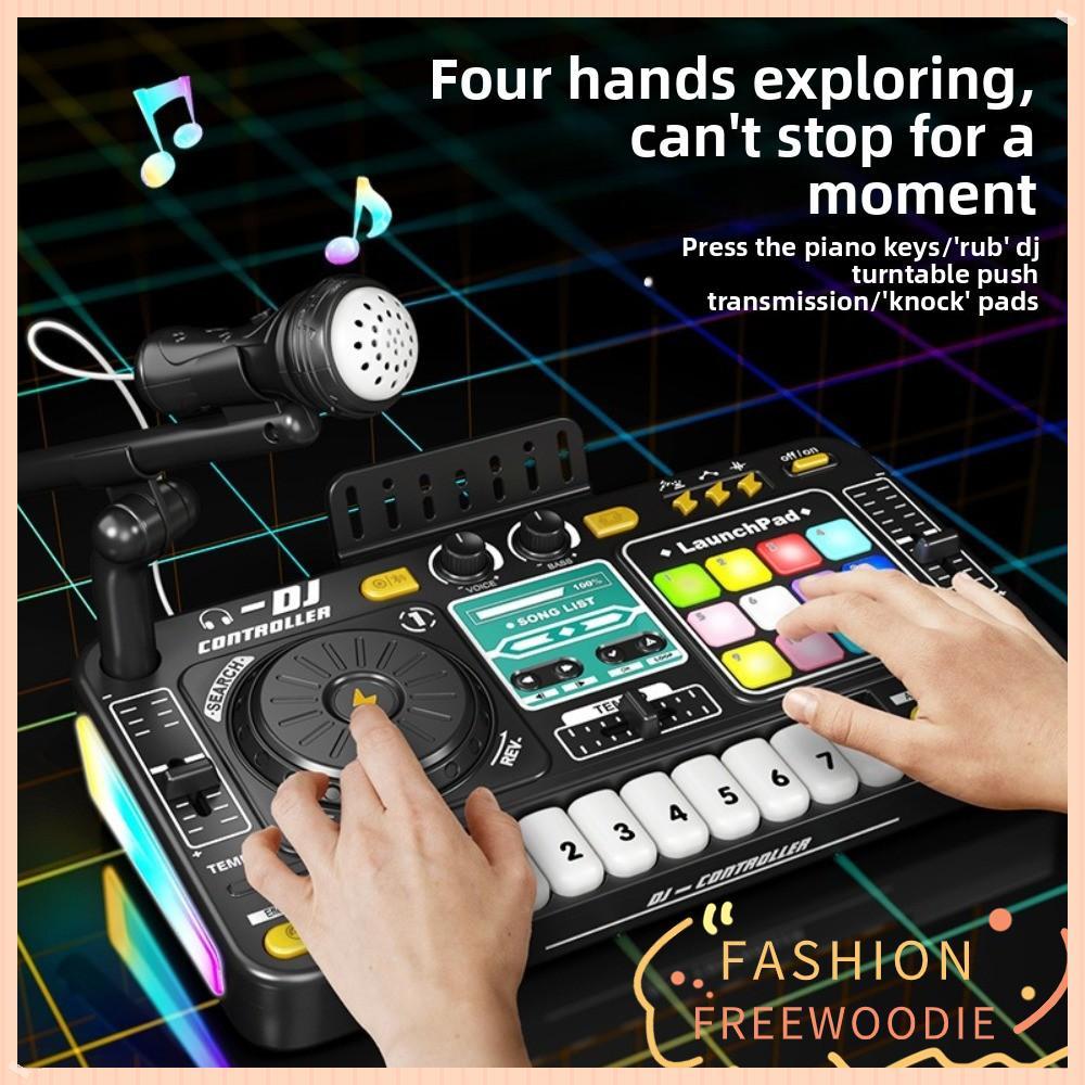 FREEWOODIE เด็ก DJ Mixer,พร้อมไมโครโฟนคีย์บอร์ดเปียโนอิเล็กทรอนิกส์แบบโต้ตอบ, การออกแบบจําลองที่ทนทา