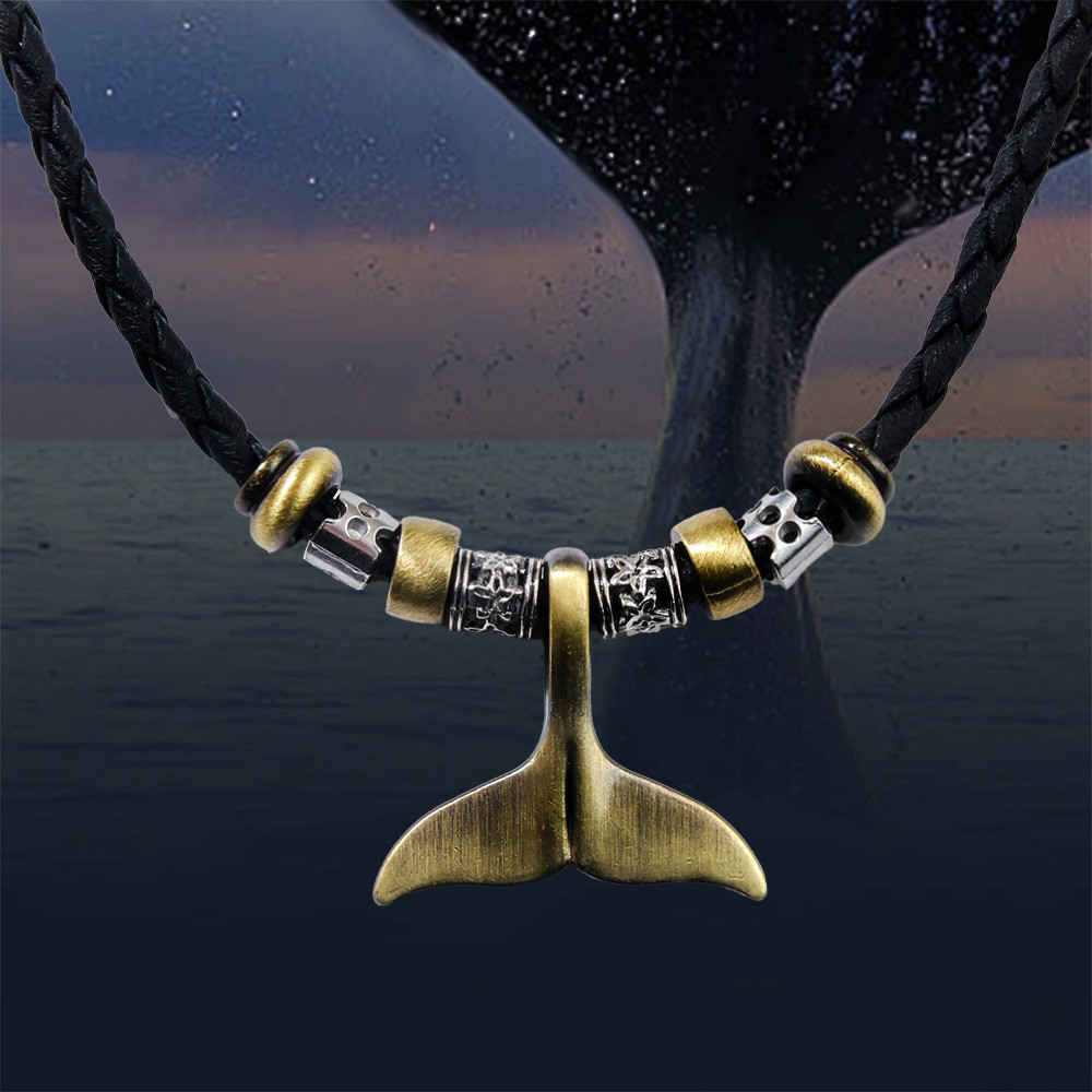 สร้อยคอวินเทจ Bronze Whale Tail จี้สร้อยคอ PU หนังเชือกปรับขนาดสร้อยคอชาย/H11.22