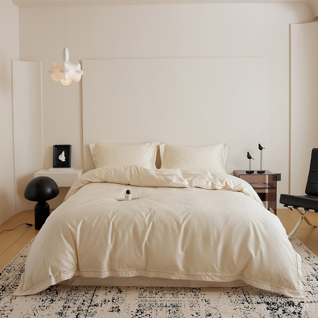 ฤดูใบไม้ร่วงฤดูหนาวแผ่นเตียงแสงหรูหราผ้าฝ้าย2025ผ้าฝ้ายแท้สไตล์ใหม่ชุดสี่ชิ้นผ้าปูที่นอนสีทึบชุดสามช