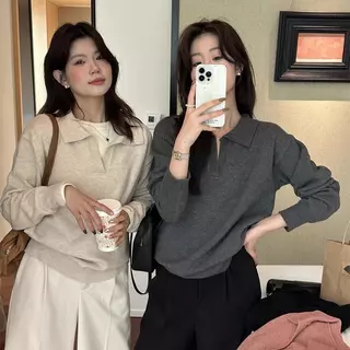 mimi&didi#เสื้อสเวตเตอร์ถักคอปกผู้หญิง ฤดูใบไม้ผลิ ฤดูใบไม้ร่วง และฤดูหนาว เสื้อสเวตเตอร์หลวม เสื้อโปโล แฟชั่น#88046