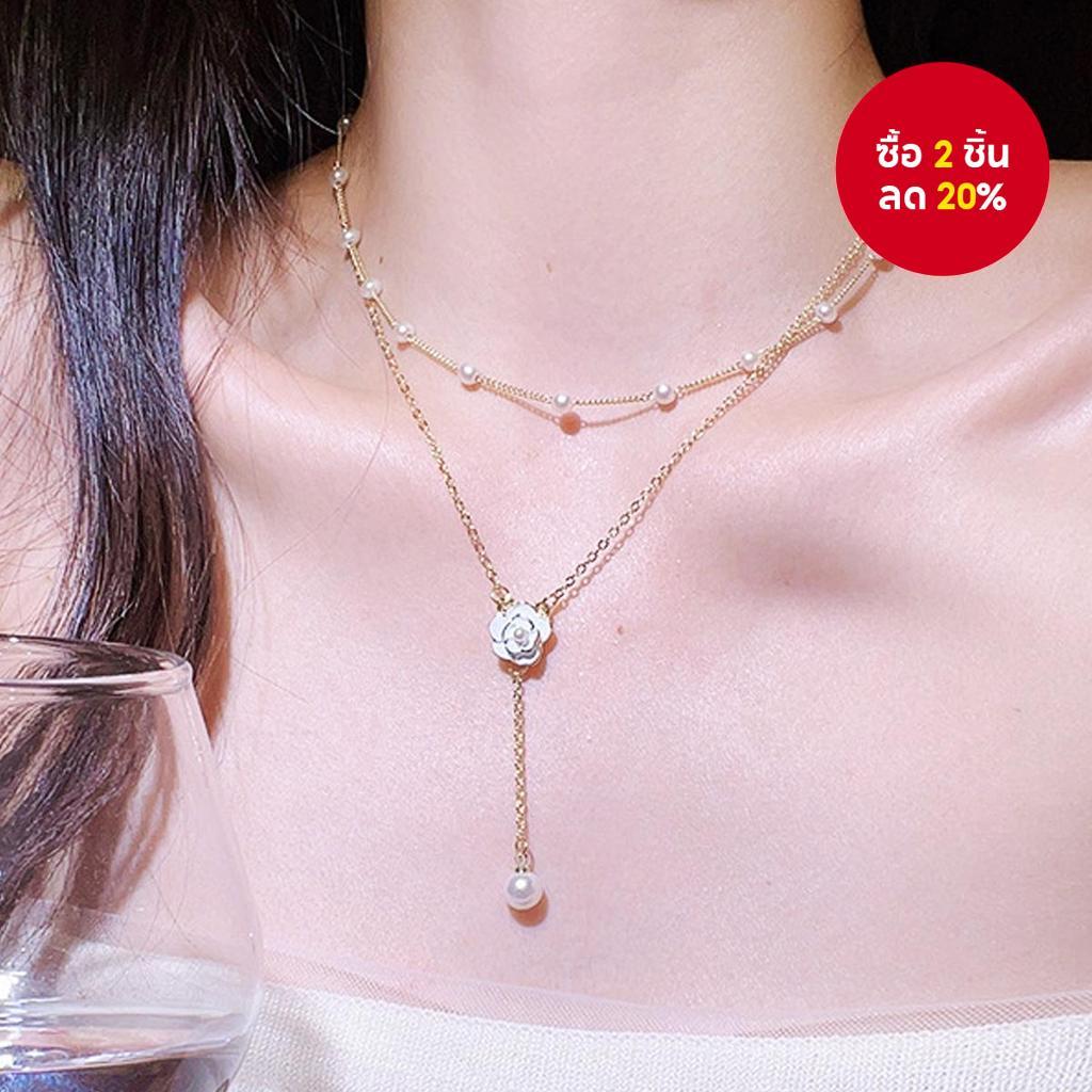 Camellia Pearl Drop จี้สร้อยคอผู้หญิง Elegant Layered Boho พู่เครื่องประดับของขวัญ
