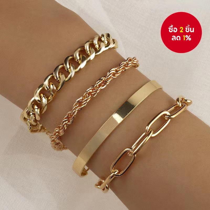 ชุดกำไลทองคำคิวบัน 4 ชุดสำหรับผู้หญิง สไตล์ฮิปฮอป ลวดลายพังค์ โลหะผสมเชือก