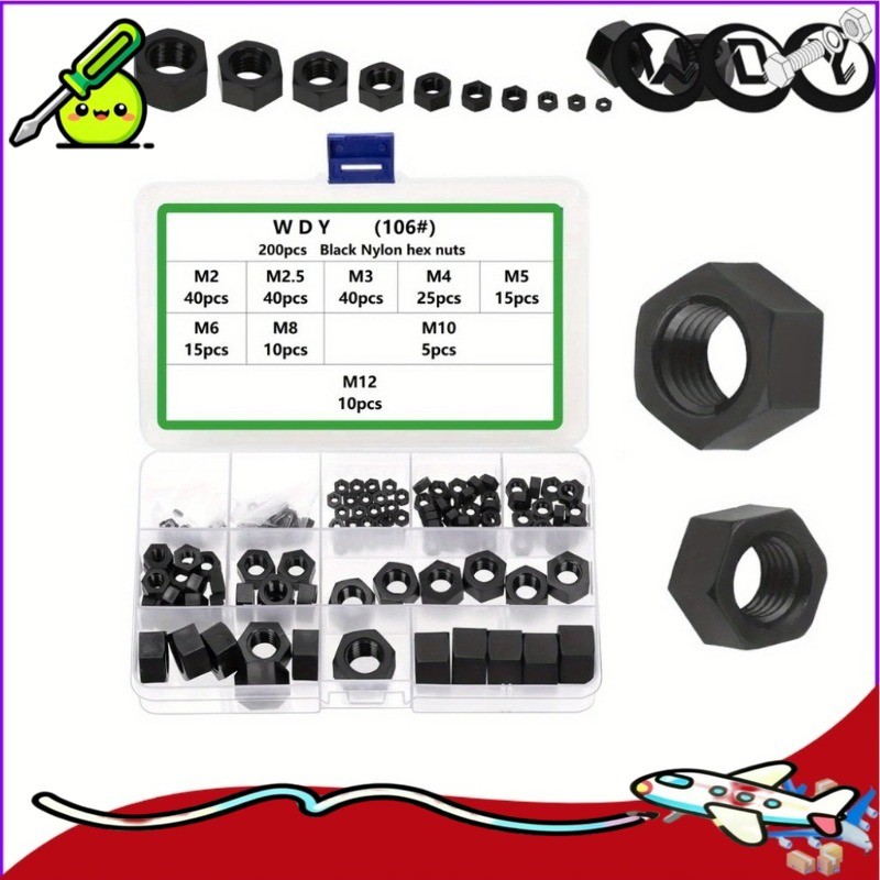 Swpeet 200 ชิ้น 10 ขนาด M2-M12 เมตริกสีดําไนลอน Hex Nuts Assorment ชุด, ด้ายเมตริกพลาสติก Fastener N