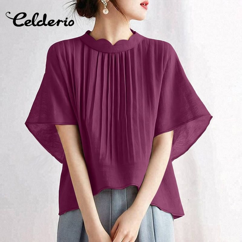 Celderio เสื้อยืนปก Raglan Sleeve สไตล์เกาหลีสำหรับผู้หญิงฤดูร้อน มาพร้อมสีทึบและกระดุมสูง-ต่ำ