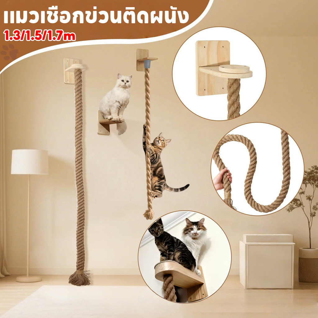 ของเล่นสัตว์เลี้ยง เชือกปีนแมว แมวเชือกข่วนติดผนัง เสาบดย่น วัสดุซิซาล คลายความเบื่อและลับเล็บ