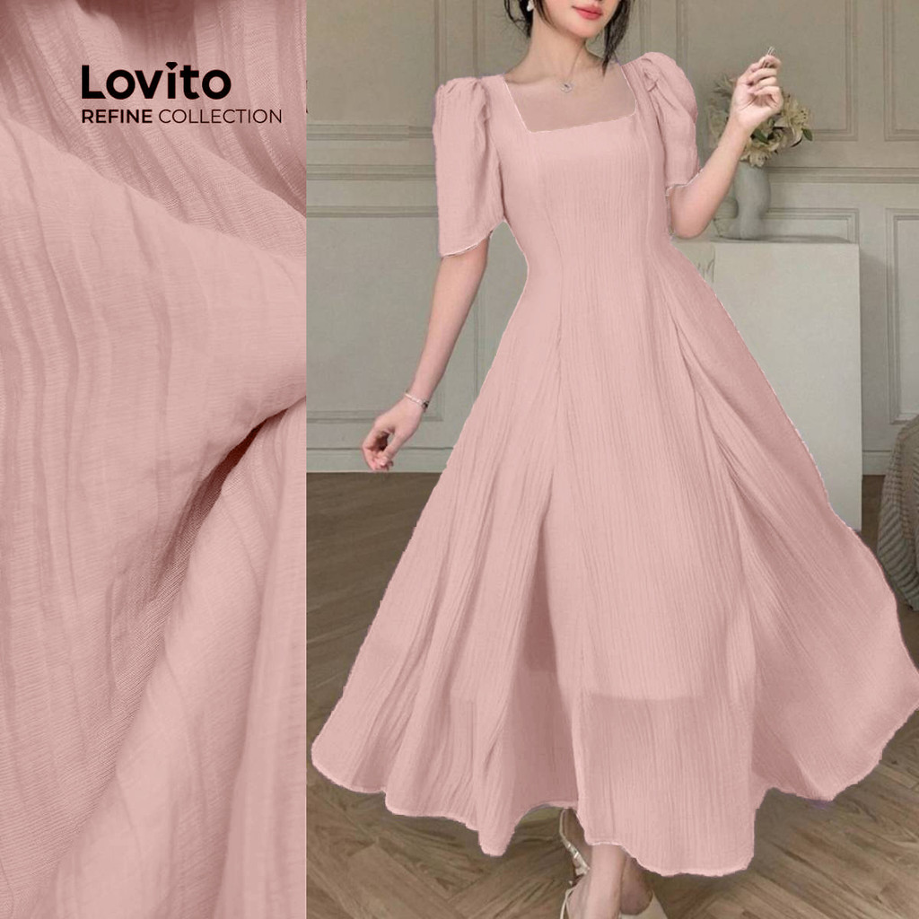 (Lovito Refine) ชุดเดรสหรูหราสองชั้น โครงสร้างเส้นสาย สีเทาและชมพูที่เหมาะกับทุกฤดู LR13L131