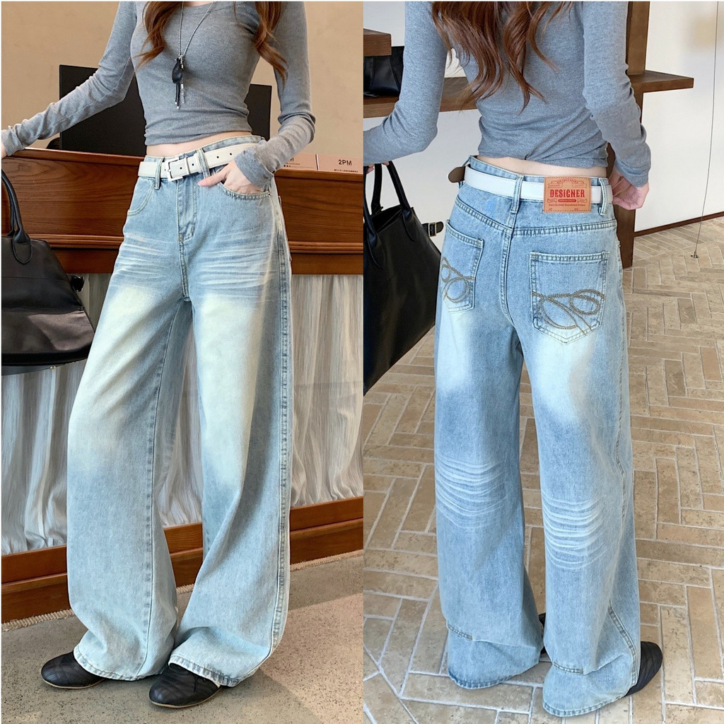 🍄Riley🍄กางเกงขายาวสีเฟคฟ้าๆ ทรงหลวม ขายาว ทรงกระบอกเท่ๆ กางเกงยีนสฺเอวสูง สไตล์เกาหลี ใส่สบาย พร้อมส