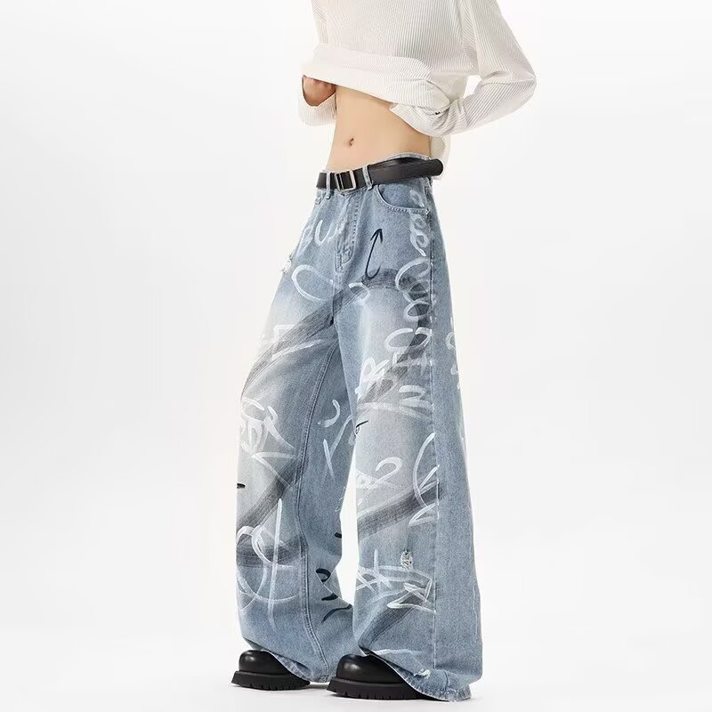 Suikone กางเกงยีนส์ผู้ชาย สไตล์อเมริกัน Street style Fun Graffiti design คุณภาพสูง Unisex fit — صورة 4