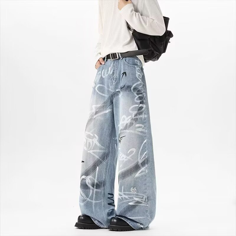 Suikone กางเกงยีนส์ผู้ชาย สไตล์อเมริกัน Street style Fun Graffiti design คุณภาพสูง Unisex fit — صورة 6
