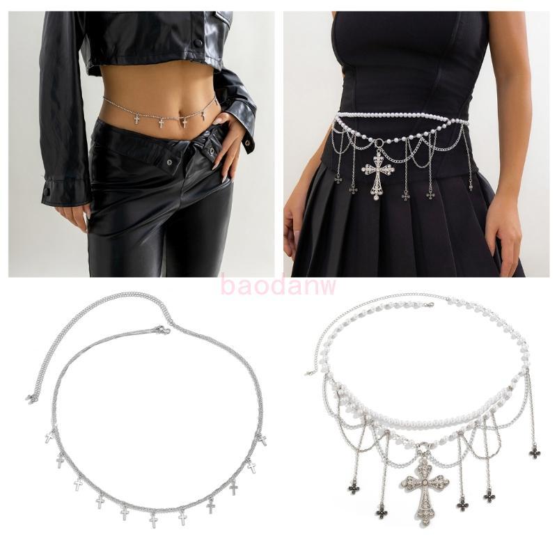 BDW Punk เข็มขัดสําหรับผู้หญิงเอวโซ่ Belly CHAIN ไข่มุกเอว Crosses ไข่มุกเข็มขัด Beach Belly CHAIN ส