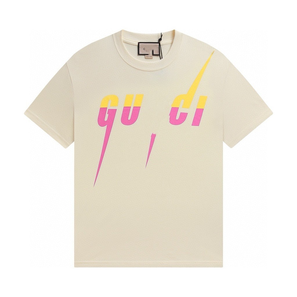 1: 1 Original Standard Real Shot, Standard 2025 ฤดูร้อนสไตล์ใหม่ Lightning Letter พิมพ์รอบคอผู้ชายผู