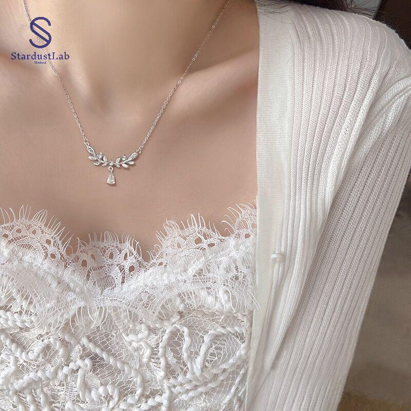 StardustLab หรูหราคริสตัล Leaf Water Drop จี้สร้อยคอแฟชั่น Clavicle CHAIN สีเงินเพทายคอสําหรับแฟนของ