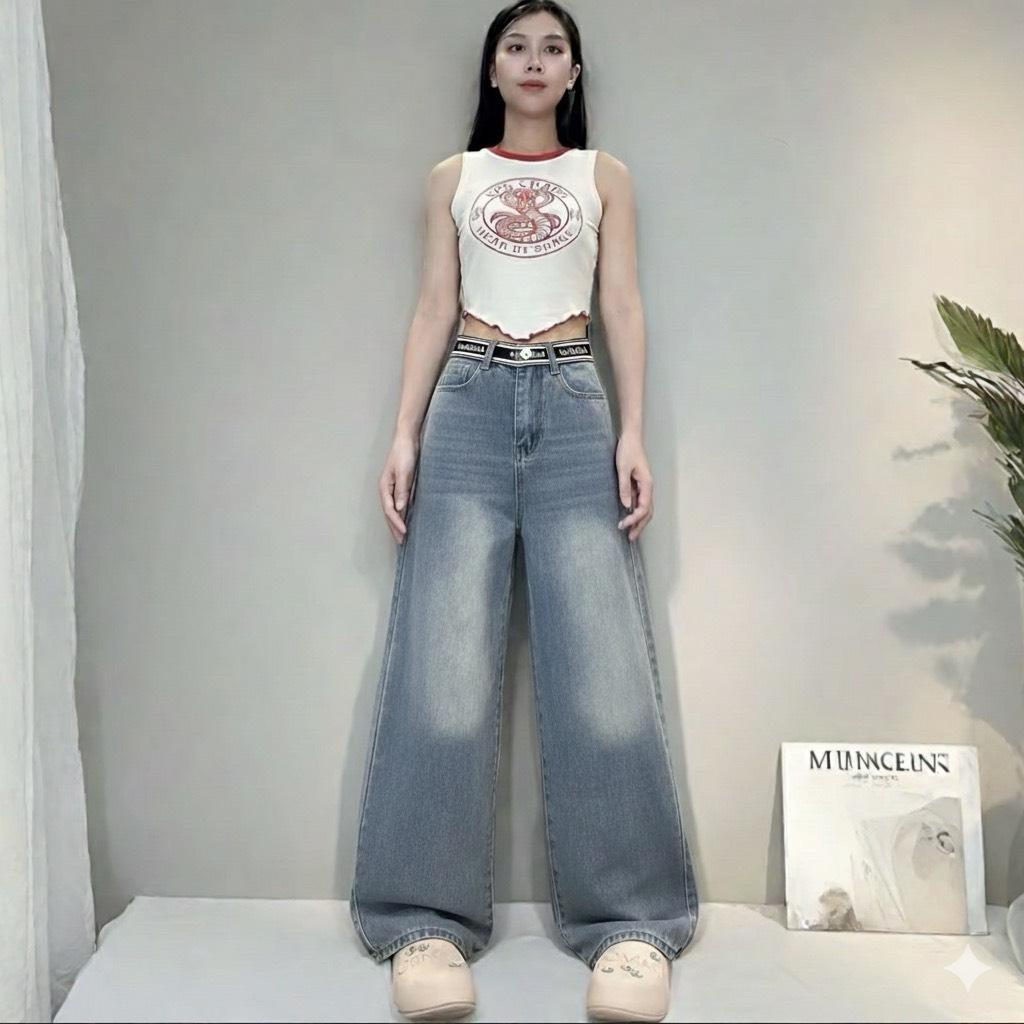 NAMCHA กางเกงยีนส์ทรงกระบอก กางเกงยีนส์เอวสูง กางเกงยีนส์เอวสปอร์ต สียีนส์ 2775