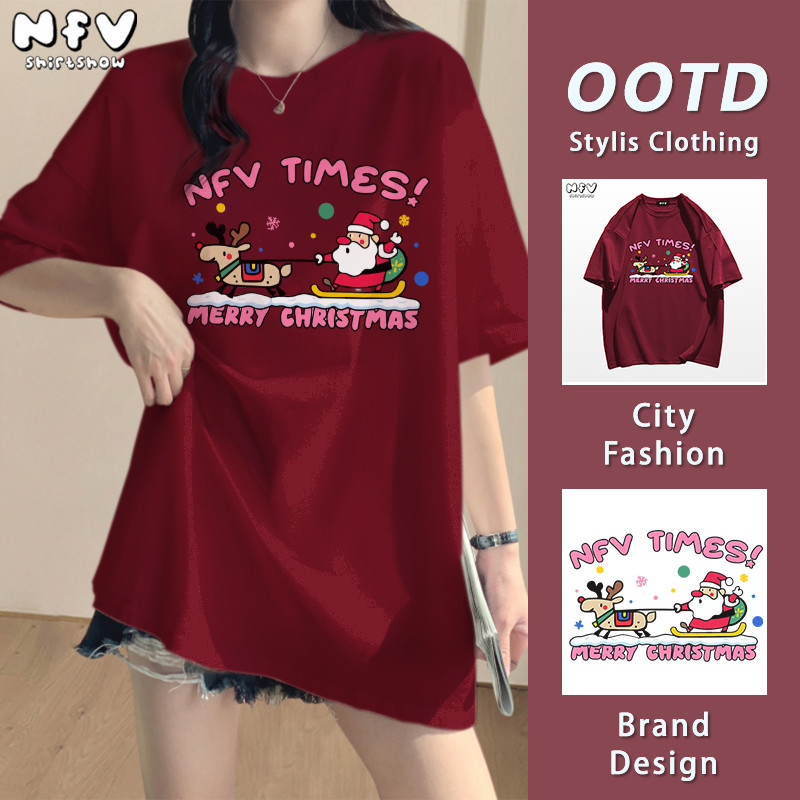 [จัดส่งตลอด 24 ชั่วโมง]NFV สไตล์เกาหลี🎅Christmas เสื้อยืด oversize ใส่สบาย ลายพิมพ์ซานตาคลอส ระบายอากาศ ผ้าฝ้าย YG3495