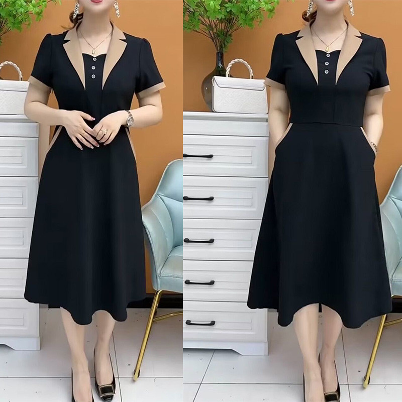 MVP จัดส่งจากประเทศไทย ชุดจั๊มสูทผู้หญิงสีดำ แขนสั้น คอเหลี่ยม สไตล์เฮปเบิร์น เดรสหรูหรา