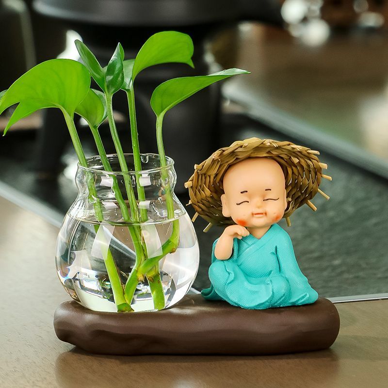 Creative Little Monk Hydroponic แจกันเครื่องประดับสีเขียวหัวไชเท้าน้ําคอนเทนเนอร์ห้องนั่งเล่นเดสก์ท็