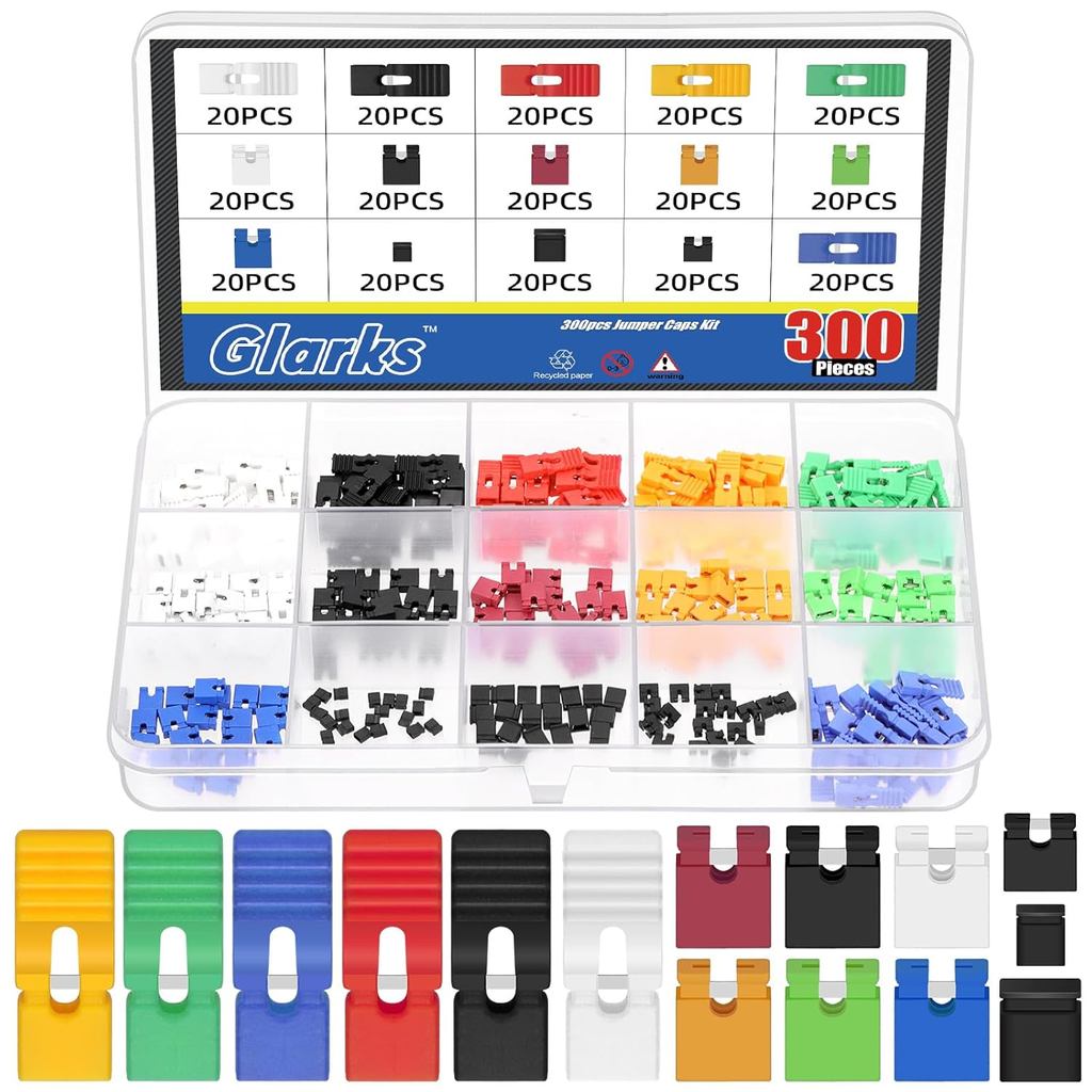 Glarks 300pcs 1.27/2.0/2.54/mm Jumper Caps Kit, 6 Colors PCB Circuit Board Shunt Cap, Jumper Short C