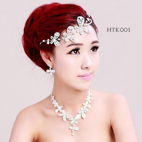 Tiara สร้อยคอผีเสื้อต่างหูเจ้าสาวสมัยใหม่อุปกรณ์เสริมแพคเกจ HTK001