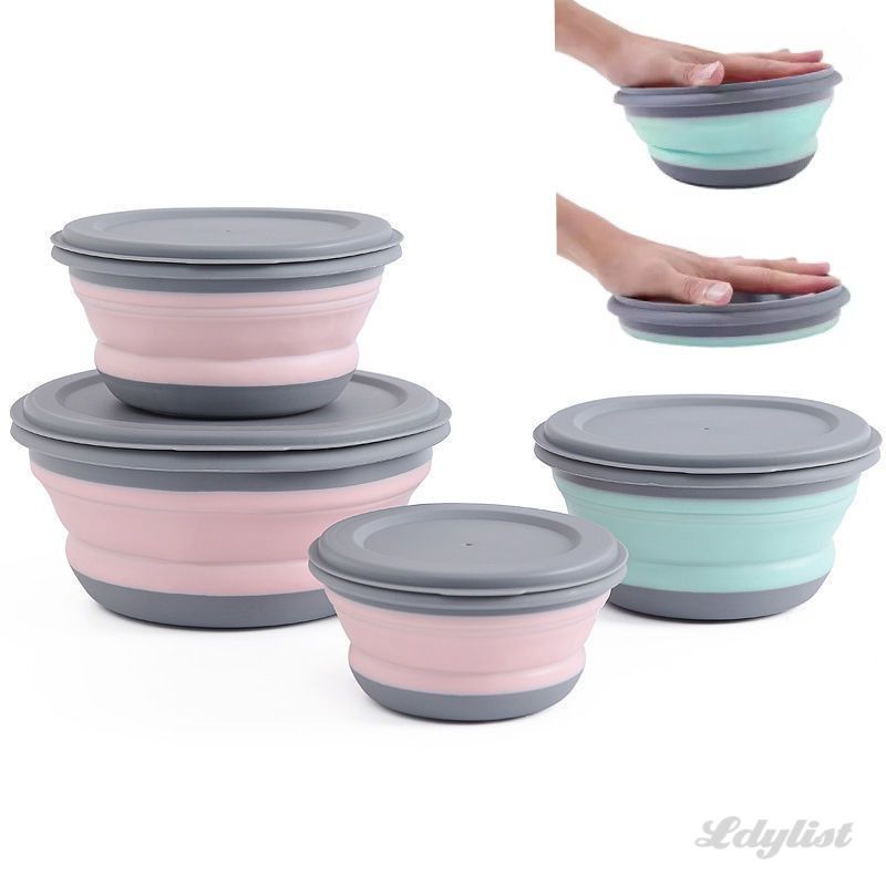 ღ ชุดชาม 3 ชิ้น/ชุด กล่องอาหารกลางวันพับได้ซิลิโคน ชามสลัดซิลิโคนแบบพกพา พร้อมฝาปิด